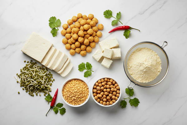 "High-protein vegetarian Indian ingredients — soya chunks, paneer, moong dal, chickpeas, tofu and sprouts arranged as a flat lay"