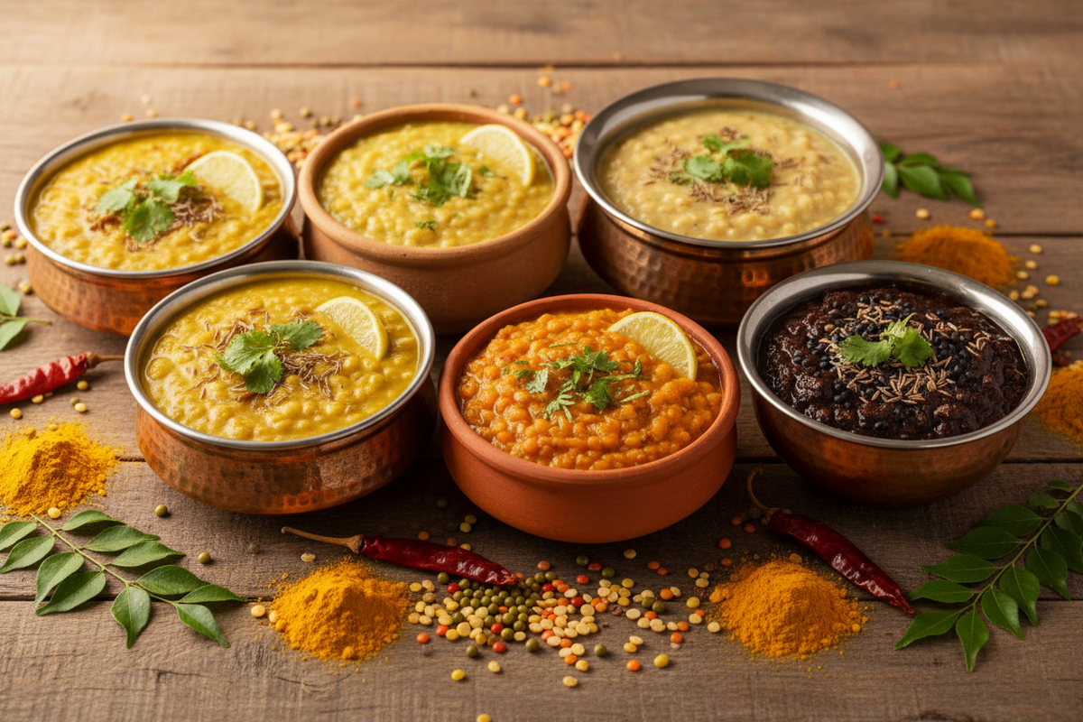 "Five zero oil Indian dal recipes in copper bowls — toor, moong, masoor, chana and urad dal garnished with coriander and lemon"