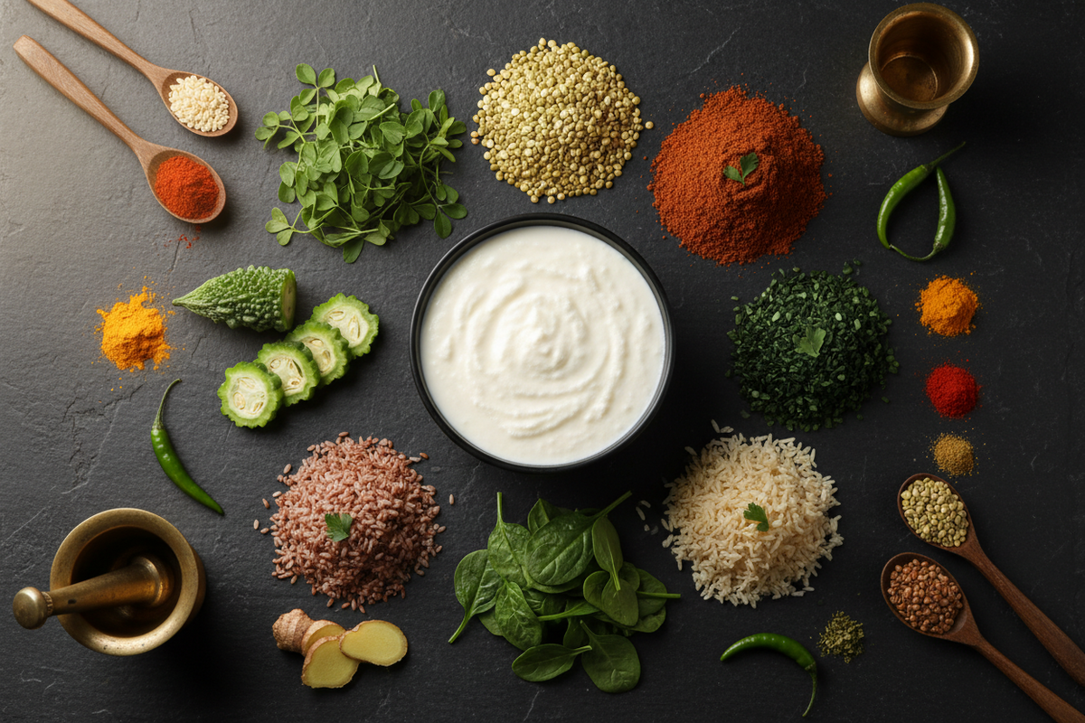 "7 best Indian foods for diabetics — methi, karela, dal, ragi, palak, brown rice and curd arranged as a flat lay"