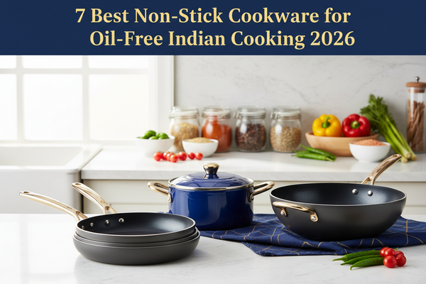 Collection of best non-stick cookware pans and kadai for oil-free Indian cooking including ceramic and granite finish options