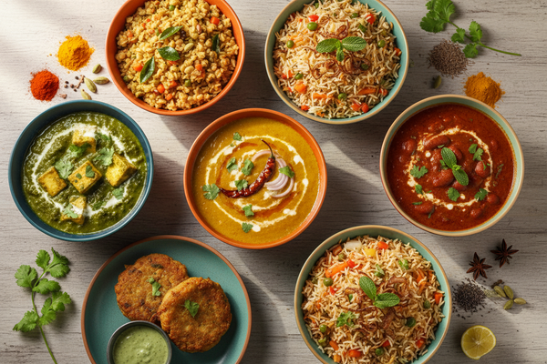 7 zero-oil Indian recipes including dal tadka, chana masala, palak paneer, aloo tikki, rajma, vegetable biryani, and masala oats upma