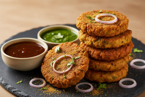 Air fryer Aloo Tikki — crispy zero oil Indian potato patties served with tamarind and mint chutney
