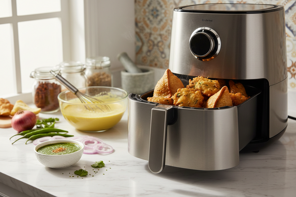 Golden crispy samosas and pakoras in an air fryer basket with green chutney, fresh green chillies, and besan batter on a marble countertop — healthy zero-oil Indian snacks
