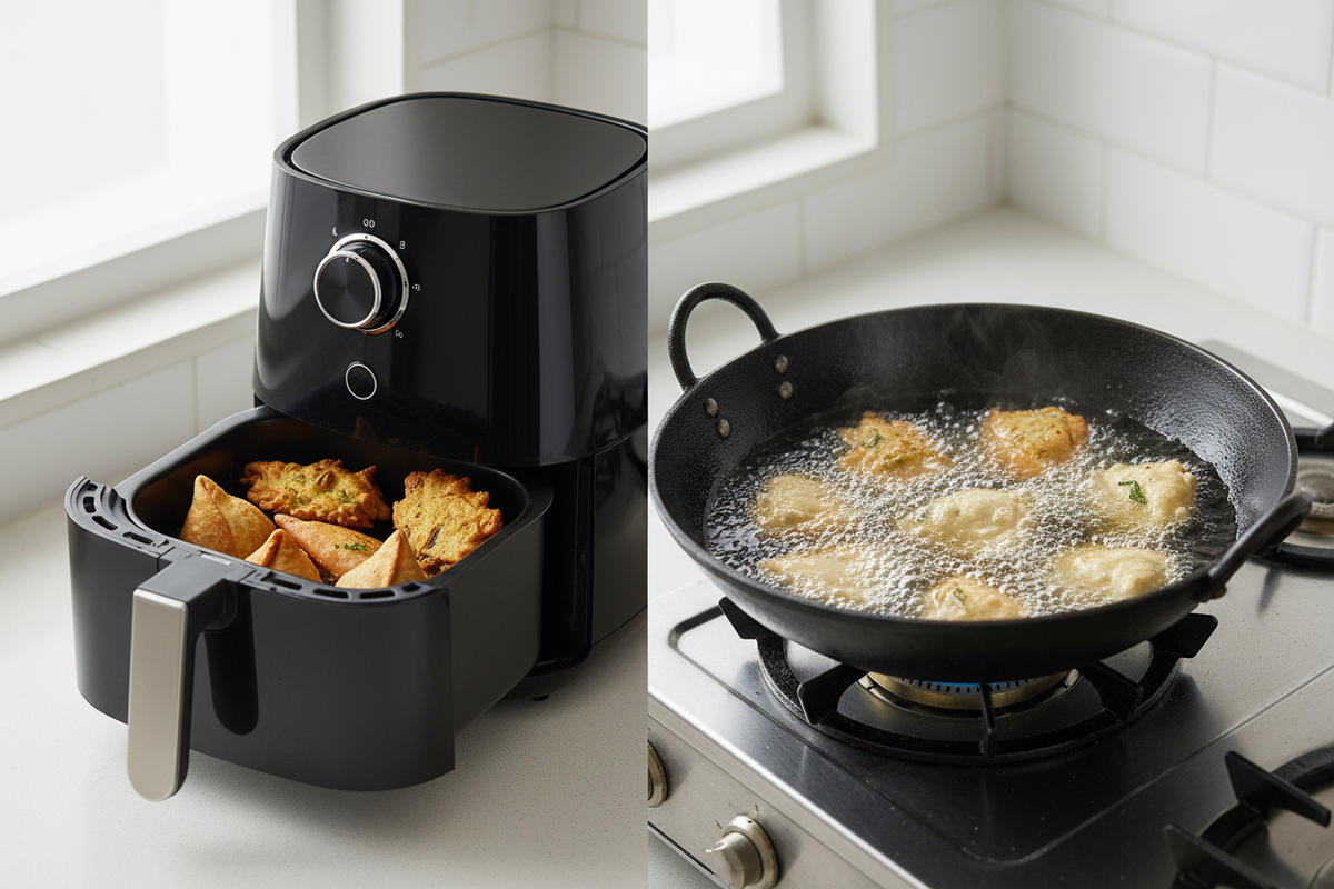Air fryer vs deep fryer comparison for Indian cooking — samosas and pakoras cooked with zero oil in air fryer vs traditional kadai deep frying