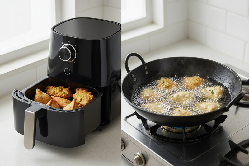 Air fryer vs deep fryer comparison for Indian cooking — samosas and pakoras cooked with zero oil in air fryer vs traditional kadai deep frying