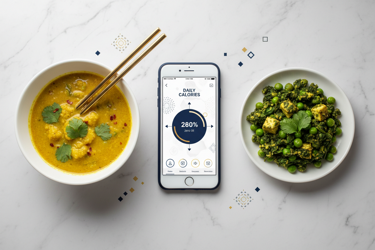 Smartphone showing a calorie tracking app next to a bowl of zero-oil Indian dal and sabzi on a white marble surface, representing