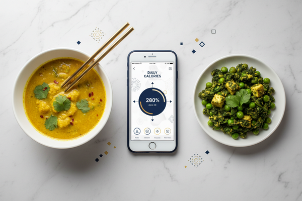 Smartphone showing a calorie tracking app next to a bowl of zero-oil Indian dal and sabzi on a white marble surface, representing