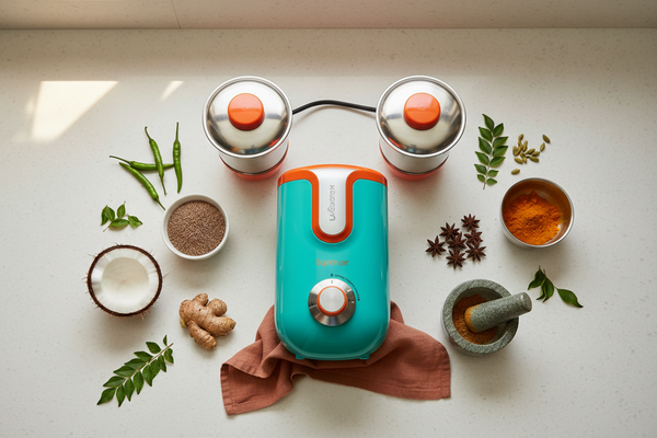 A mixer grinder on a kitchen counter surrounded by fresh Indian ingredients including coconut, green chillies, ginger, and spices