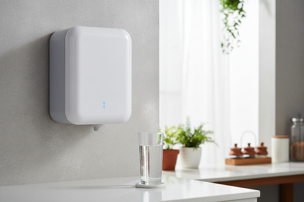 A sleek white water purifier mounted on a kitchen wall with a glass of clean water on the counter