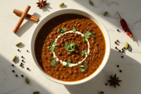 Creamy dal makhani without oil served in a white bowl garnished with coriander and coconut cream