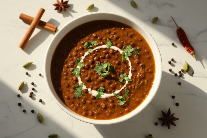 Creamy dal makhani without oil served in a white bowl garnished with coriander and coconut cream