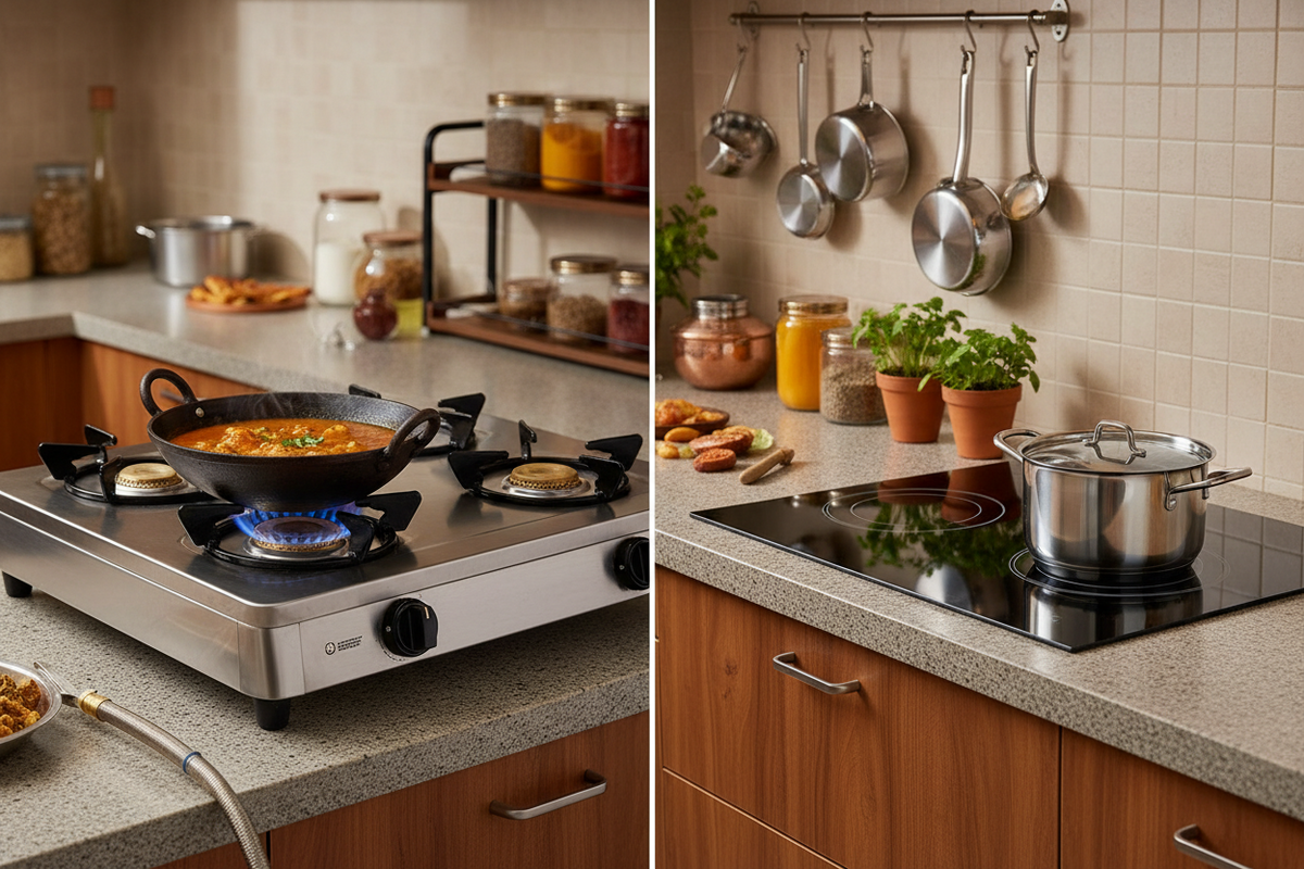 Gas stove with kadai and blue flame next to a modern induction cooktop in an Indian kitchen setting"