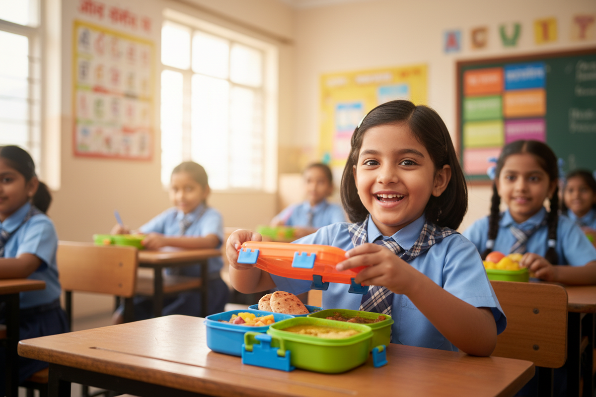 Happy Indian school child opening a healthy tiffin lunchbox at school