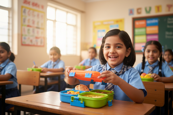 Happy Indian school child opening a healthy tiffin lunchbox at school