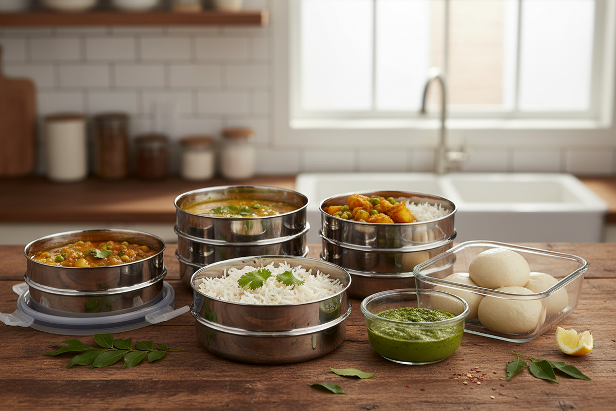 Indian meal prep containers with dal, rice, sabzi, chutney and roti dough arranged on a wooden kitchen counter