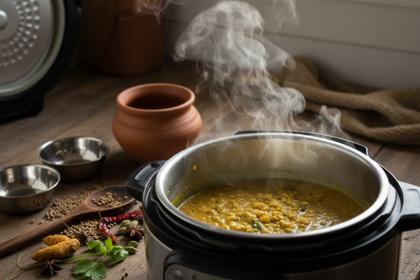 Instant Pot with golden zero-oil toor dal, steam rising, surrounded by fresh Indian spices on a rustic wooden kitchen counter with natural window light