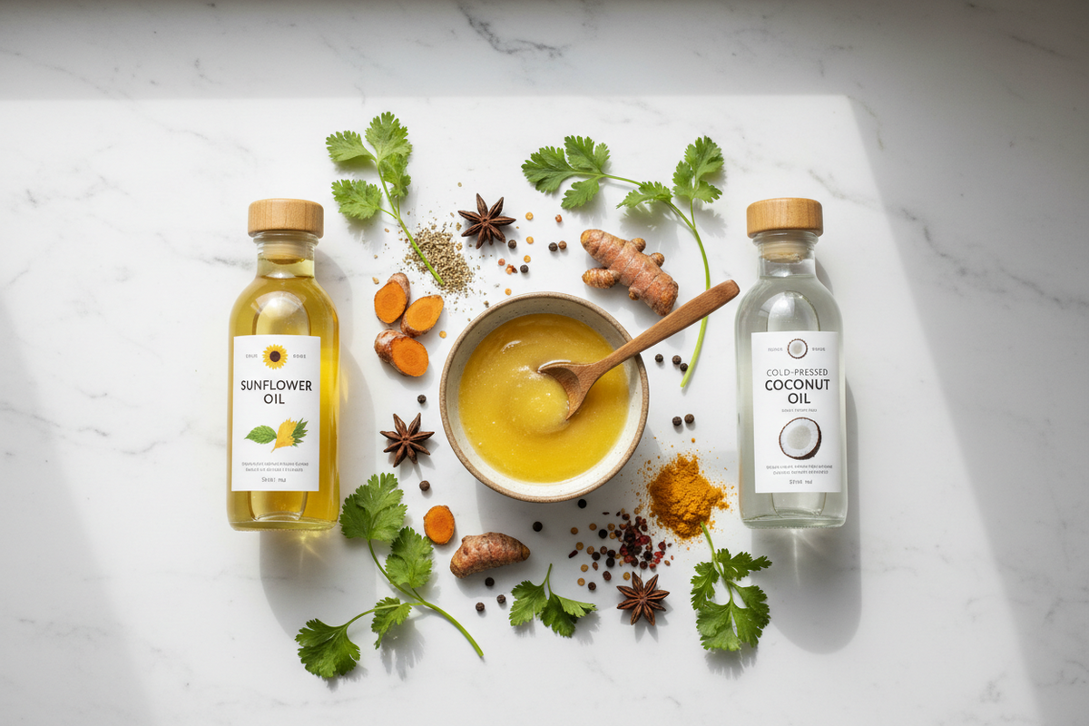 Golden ghee in a bowl next to cooking oil bottles with Indian spices on white marble — ghee vs oil comparison for healthy Indian cooking