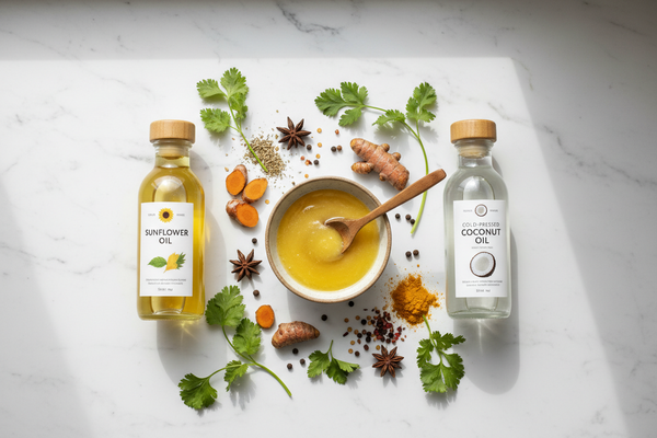 Golden ghee in a bowl next to cooking oil bottles with Indian spices on white marble — ghee vs oil comparison for healthy Indian cooking