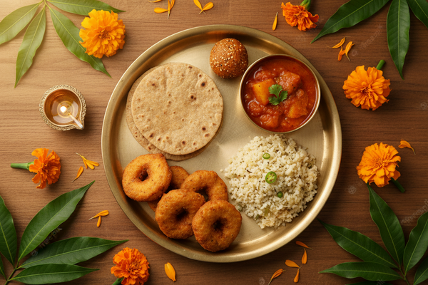  "Healthy Navratri fasting recipes without oil — sabudana vada, kuttu roti, aloo sabzi and rajgira ladoo in a traditional Indian thali"