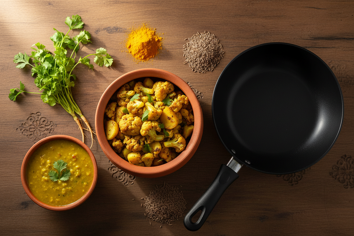 A flat-lay of oil-free Indian cooking with golden moong dal, aloo gobi sabzi in a clay pot, fresh coriander and spices on a wooden Indian kitchen counter