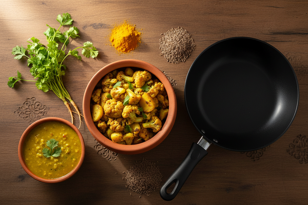 A flat-lay of oil-free Indian cooking with golden moong dal, aloo gobi sabzi in a clay pot, fresh coriander and spices on a wooden Indian kitchen counter