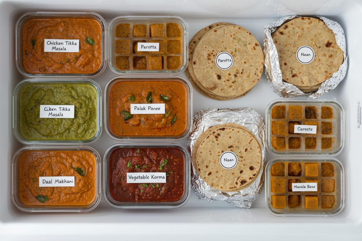 Organized freezer shelf with labeled Indian food containers — curries, parathas in foil, and masala base in ice cube trays for batch cooking"