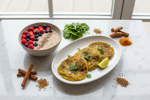 PCOS-friendly zero-oil Indian breakfast spread with methi cheela, ragi porridge with berries, flaxseeds and healing spices on white marble