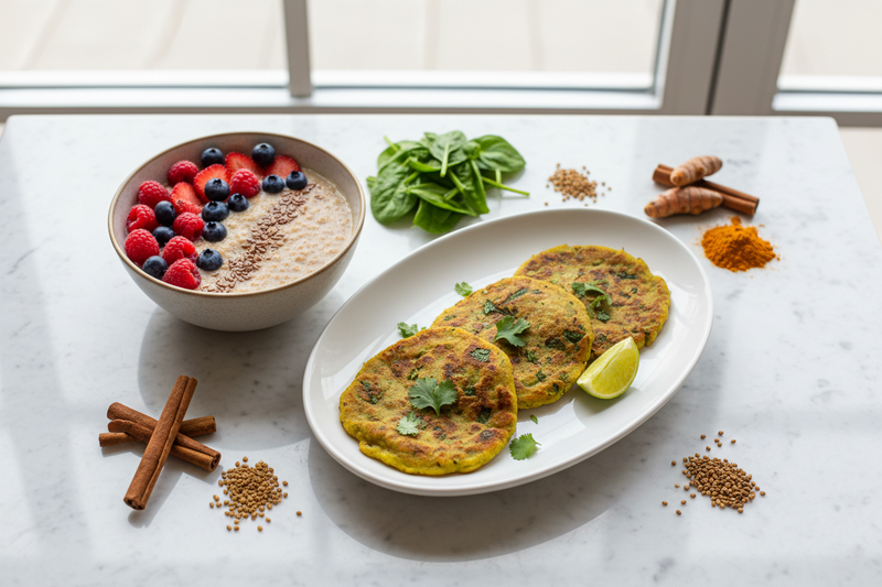 PCOS-friendly zero-oil Indian breakfast spread with methi cheela, ragi porridge with berries, flaxseeds and healing spices on white marble