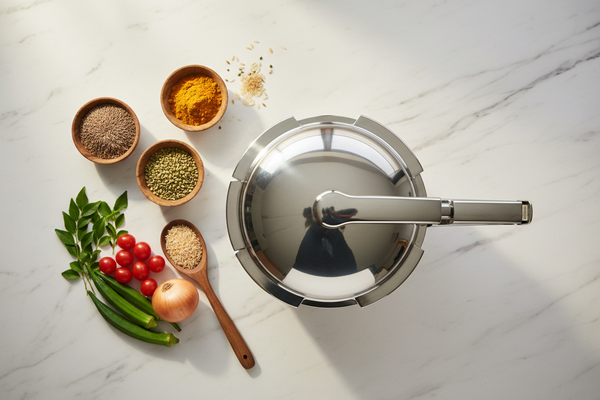 A stainless steel pressure cooker on a marble kitchen counter surrounded by Indian spices, fresh vegetables, and a wooden spoon