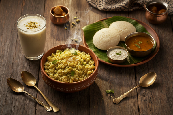 A warm flat-lay of soft Indian meals for seniors including moong dal khichdi, soft idli, and banana milk smoothie on a wooden Indian kitchen table