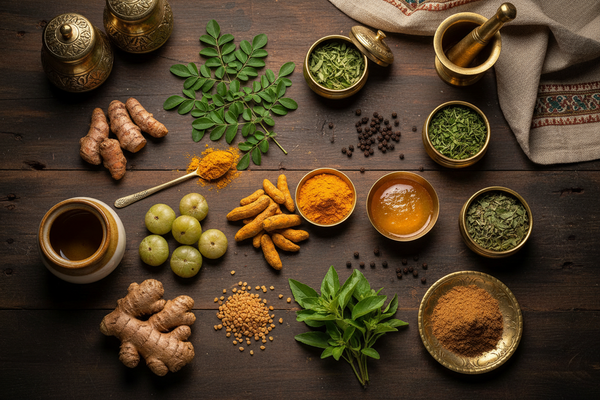 Top 10 Ayurvedic superfoods for the Indian kitchen including turmeric, moringa, ashwagandha, amla, ginger, fenugreek, tulsi, black pepper, ghee, and triphala