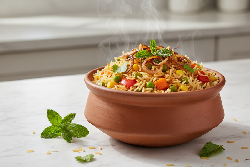 Zero-oil biryani in a clay pot with saffron rice, golden caramelized onions and fresh mint — healthy Indian biryani recipe without oil