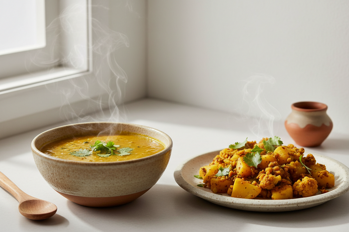 A bowl of golden zero-oil dal and a plate of aloo gobi sabzi garnished with fresh coriander, cooked without oil using water sauté technique, healthy Indian cooking