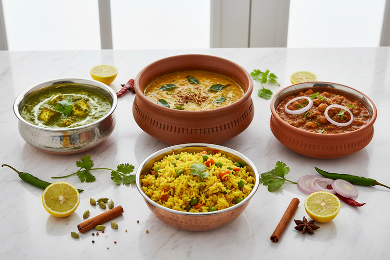 Zero-oil Indian dinner recipes for weight loss — healthy dal, palak paneer, chana masala and khichdi in ceramic bowls