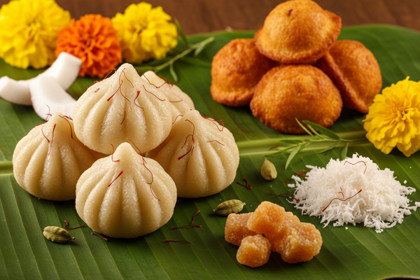 Authentic steamed Ukadiche Modak arranged on brass plate with marigold flowers and diyas for Ganesh Chaturthi 2026 — zero oil healthy modak recipe